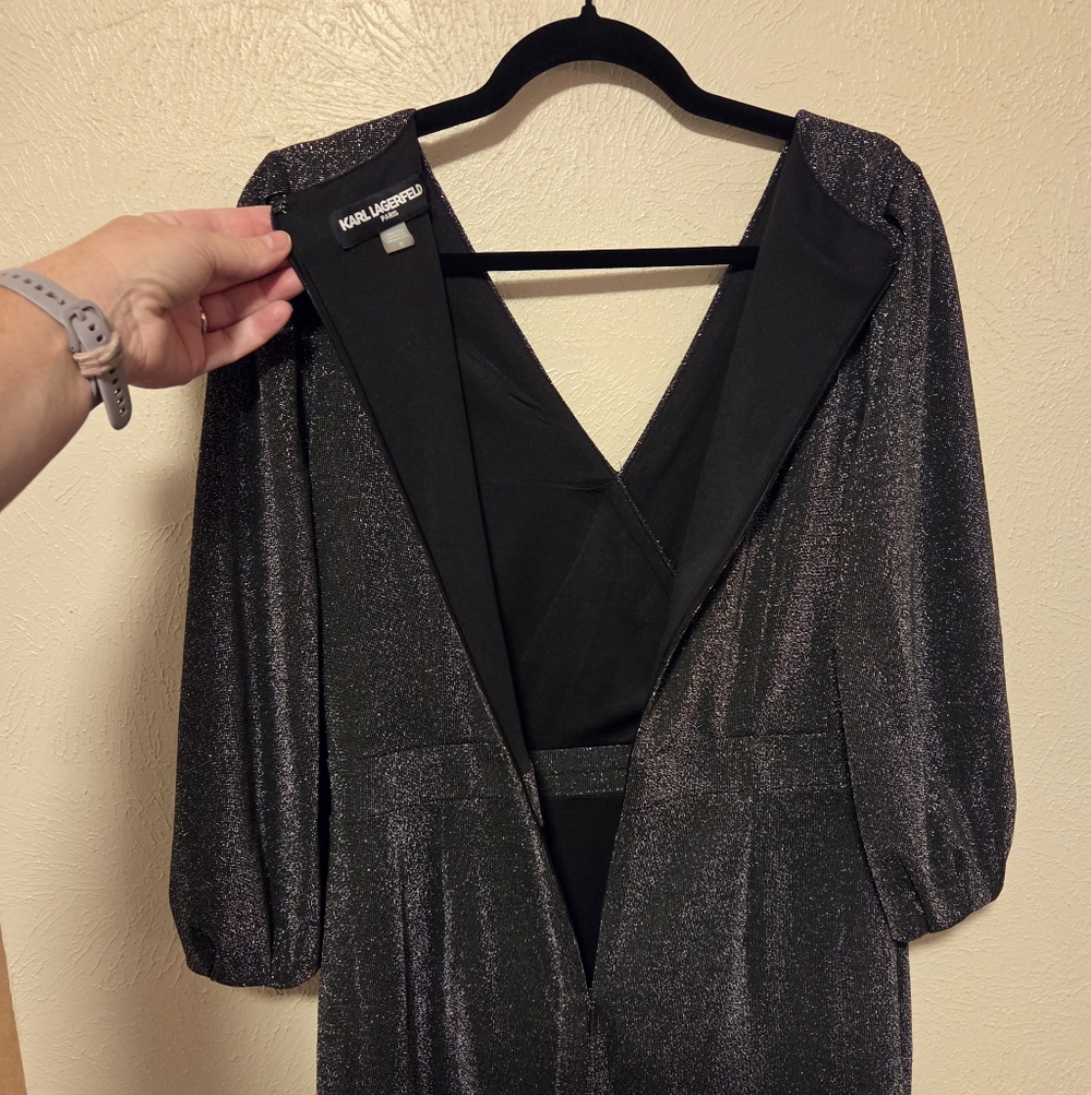 Karl Lagerfeld Metallic Ponte Stretch Silver Faux Wrap Party Dress Women's 10 - Picture 9 of 12